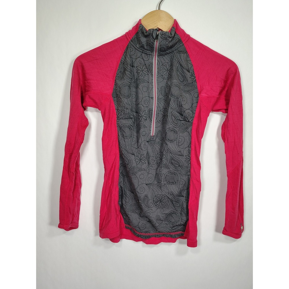 Smartwool PhD Womens Small Pink Grey Paisley Merino Wool 1/4 Zip Base Layer Top‎
